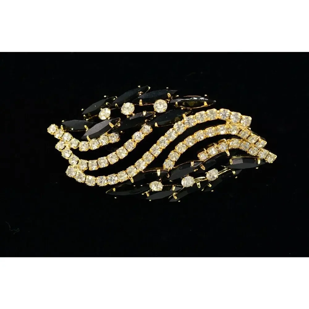 Vintage Prong Crystal Pin Brooch Marquise Rhinestone Black Chunky 1960s BinV